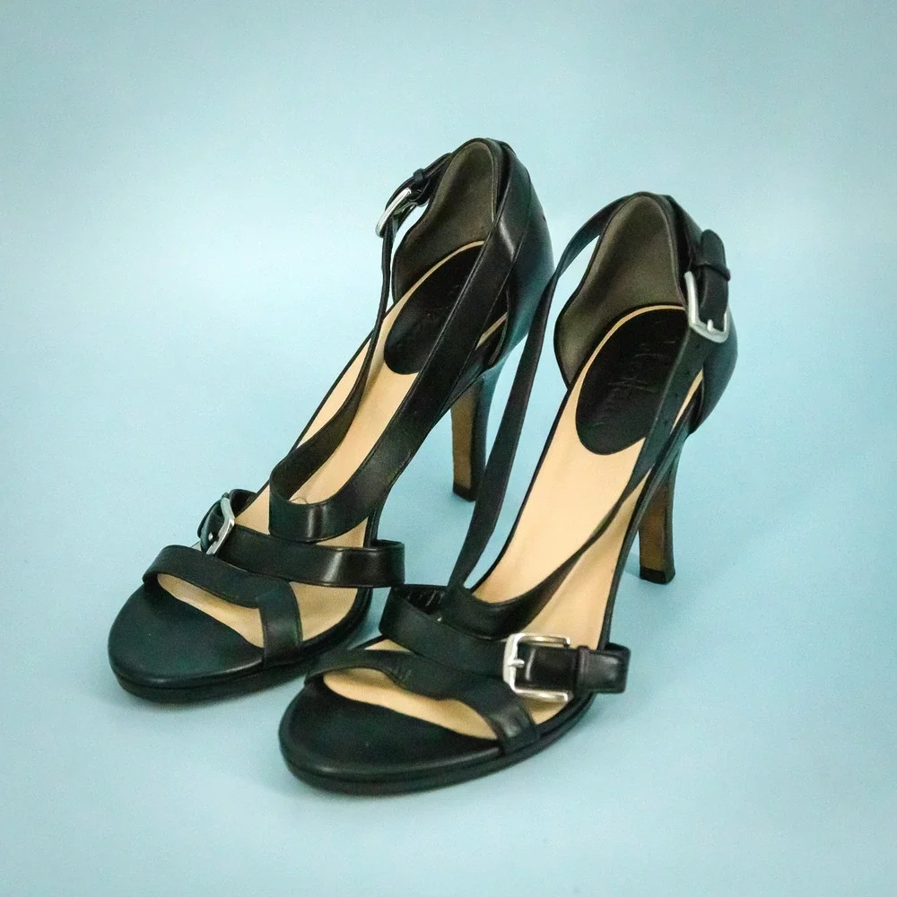 Cole Haan Size 8 Carma Black Leather Strappy Slip On High Heel Pumps Sandals
